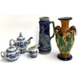A three piece Gzhel Russian tea set; a majolica style vase with twin rams head handles, 33cmH; and a
