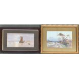 G L Wadsworth, gaff rigged sailing boat with tall ships in background, and on other similar,