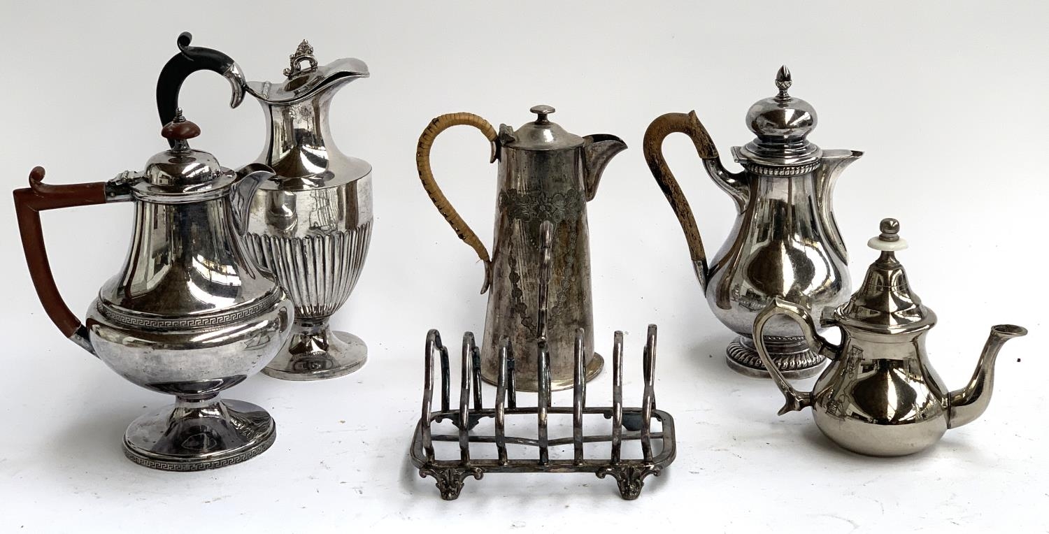 A six division plated toast rack, together with five various plated coffee pots to include Sabar