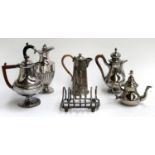 A six division plated toast rack, together with five various plated coffee pots to include Sabar
