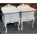 A pair of white painted bedside cabinets, each with two drawers on cabriole legs, 51x44x66cm