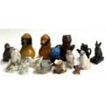 A quantity of animal ceramics, to include glazed monkey jugs, treacle glazed cat teapot, USSR