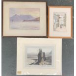 20th century, gouache on paper of a valley scene at sunset, signed A Stanley, together with a