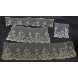Six pieces of late 19th/early 20th century tambour lace, the longest length 50x209xcm, the