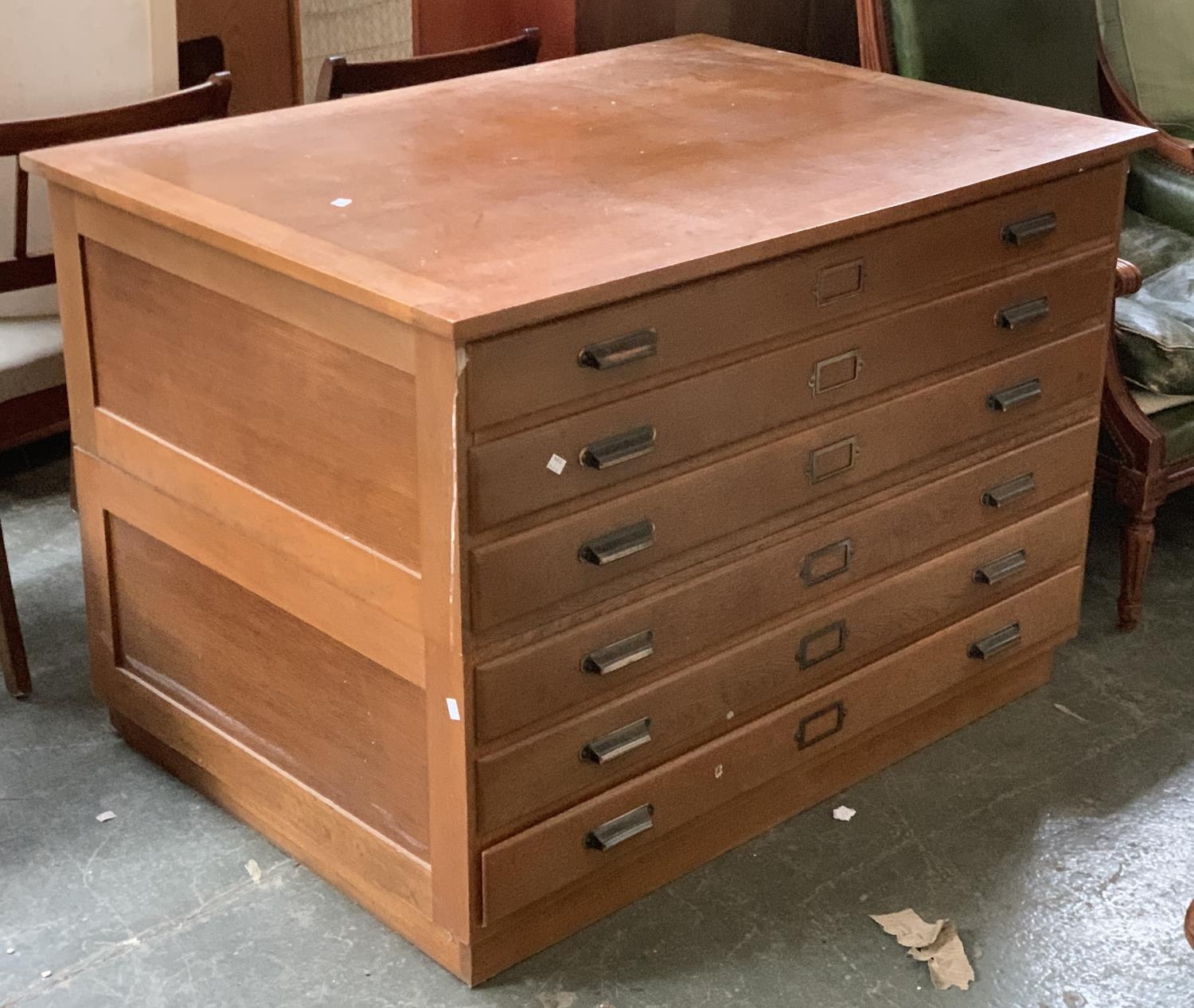 20th century oak six drawer plan chest, in two parts (three including plinth), 119x87x83cmH