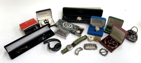 A mixed lot to include cut steel buckles, enamelled 1944 farthing cufflinks, Jaguar cufflinks, Royal