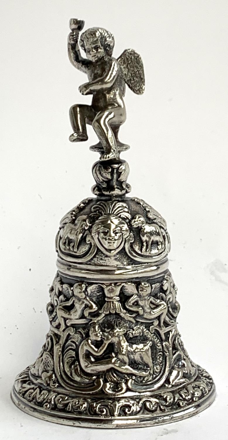 A silver plated bell with figural decoration and cherub finial by Elkington & Co.