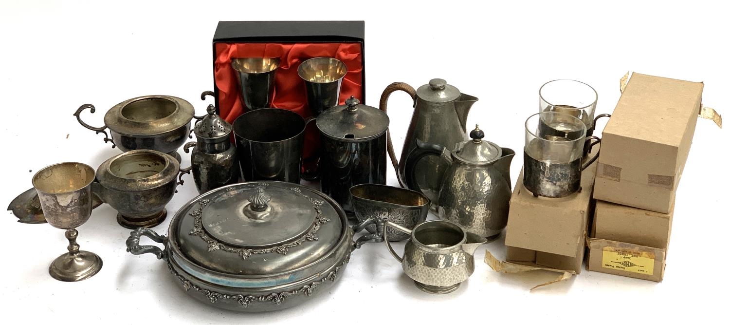 A mixed lot of plated and pewter items to include coffee pots; toddy cups; chalices etc