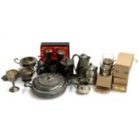 A mixed lot of plated and pewter items to include coffee pots; toddy cups; chalices etc