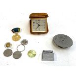 A mixed lot to include Imhof 15J desk clock, several scraps of watch movements, replica medal, etc