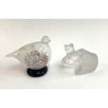 A Sevres France crystal figure of a cat in a basket, 8cmH; together with an art glass figure of a bi