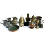 A mixed lot of metal items to include Eastern enamel and brass vase, 26cmH; copper frying pan; bell;