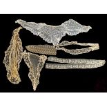 Six various antique lace items, to include bib and trim, the bib 86cmL, the trim 128cmL