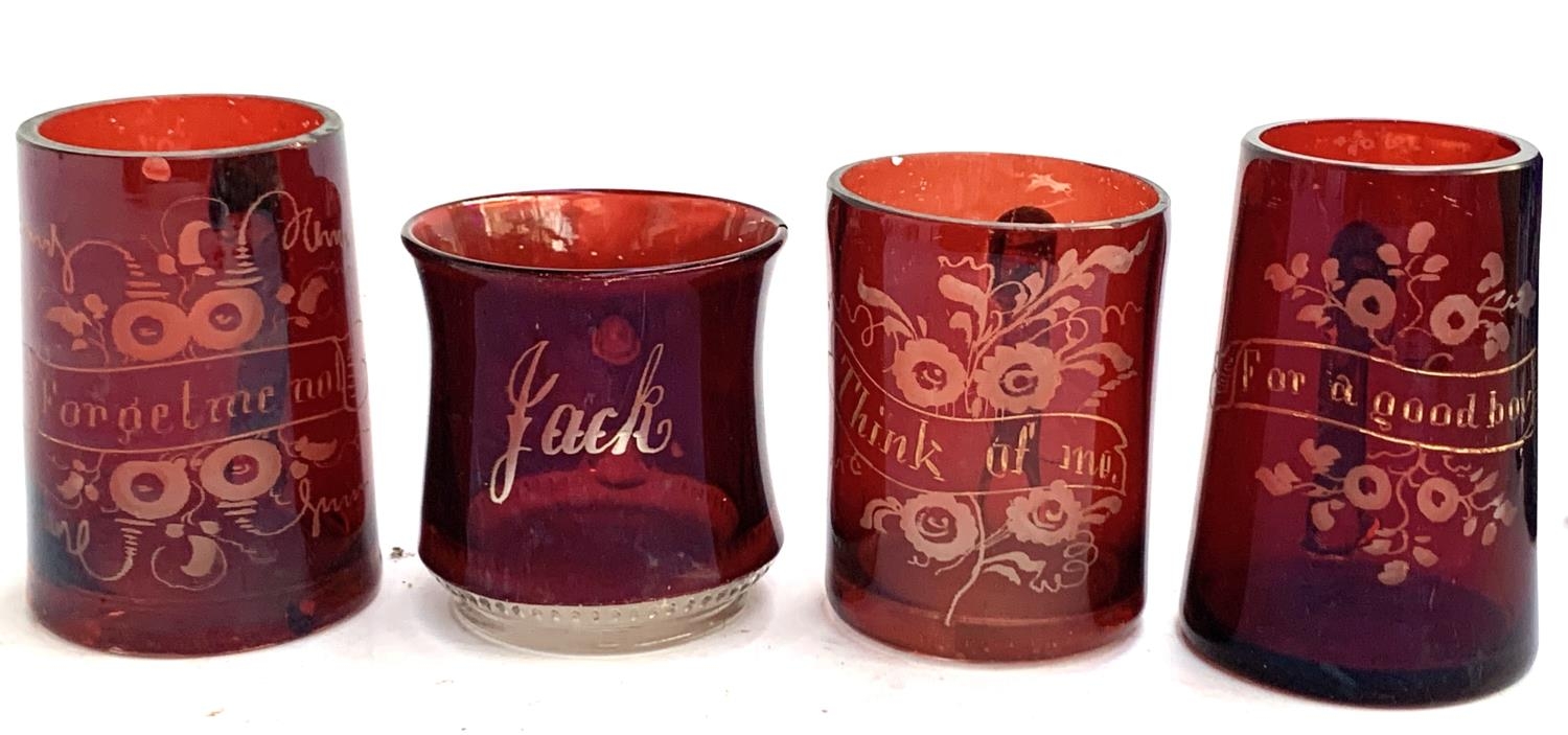 Four Victorian cranberry glass mugs, inscribed 'Jack', 'For a Good Boy', 'Think of Me', and ' - Bild 2 aus 2