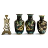 A pair of 20th century Chinese cloisonne enamel vases depicting dragon's chasing flaming pearl, on