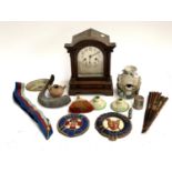 An oak cased mantel clock, together with 2 metal thread and silk Masonic Regalia, 'India' and 'Great