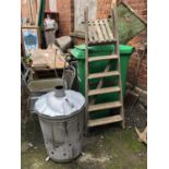 A vintage folding stepladder, together with a galvanised composting bin