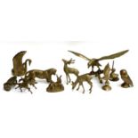 A mixed lot of brass animal figurines to include eagle, tiger, deer, swan vase, owl, horse and