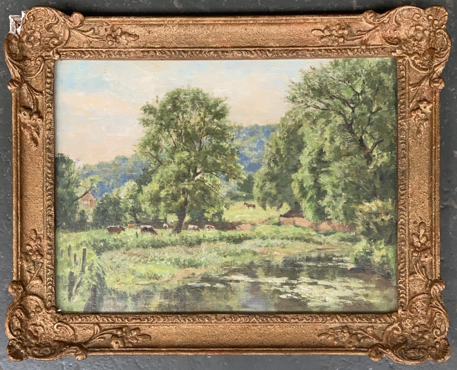 Walter John Stamps (1876–1964), cattle grazing by a river, oil on canvas, signed, 29.5x40cm