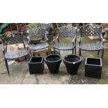 A set of four metal garden chairs, together with 4 composite planters