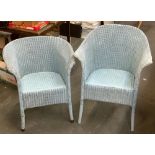 Two Lloyd loom style blue painted armchairs
