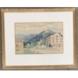 20th century watercolour of an Alpine lodge, unsigned, 27.5x42.5cm
