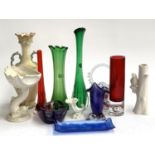 A mixed lot to include Royal Worcester Blanc de Chine cornucopia, coloured glass vases, dolphin