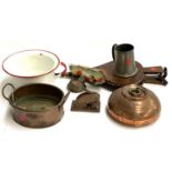 A mixed lot to include a 'Wumup' copper hot water bottle; twin handled copper pan; enamel