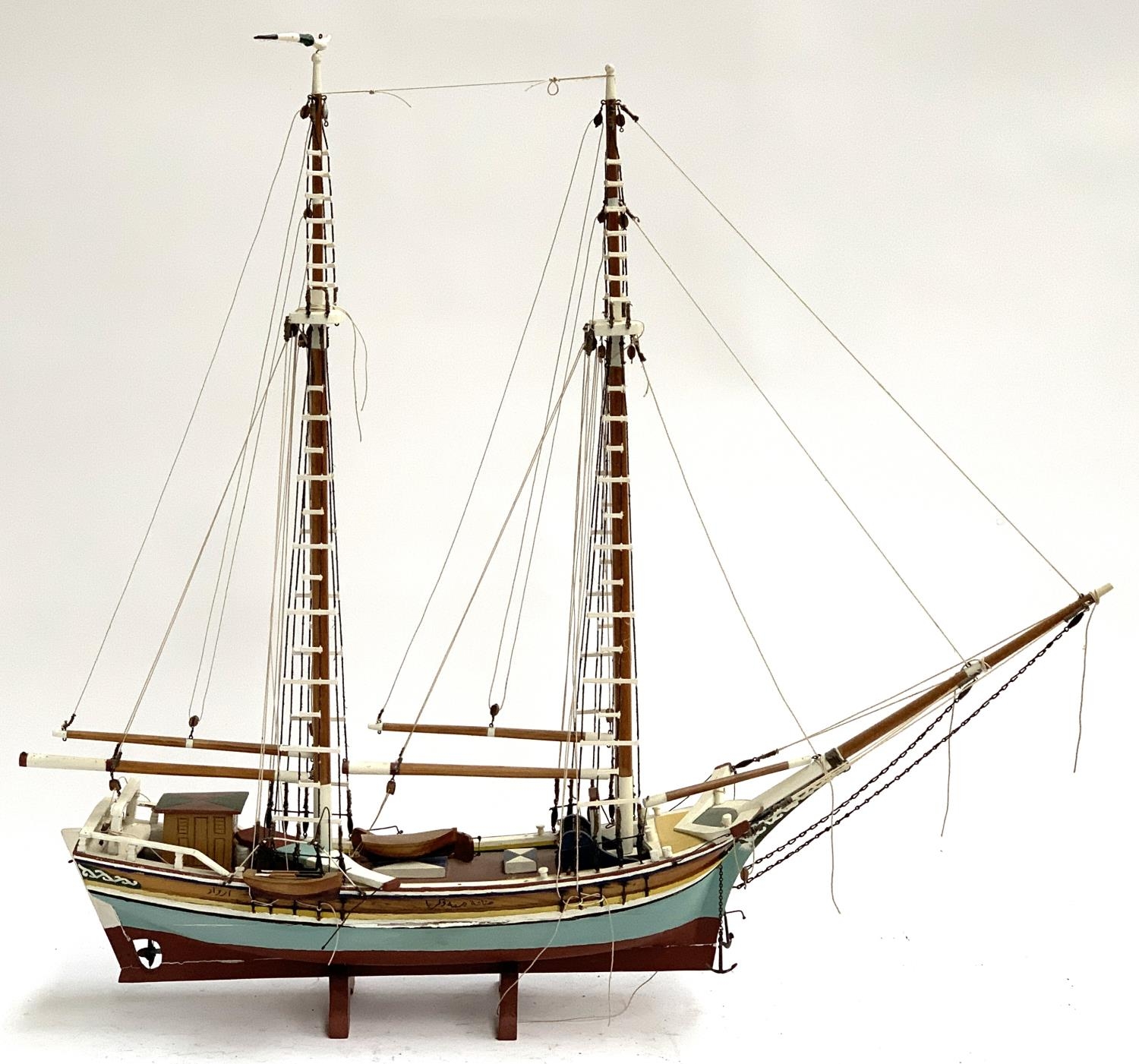 Maritime interest: a scale model of a two mast yacht, without sails, 70cmL