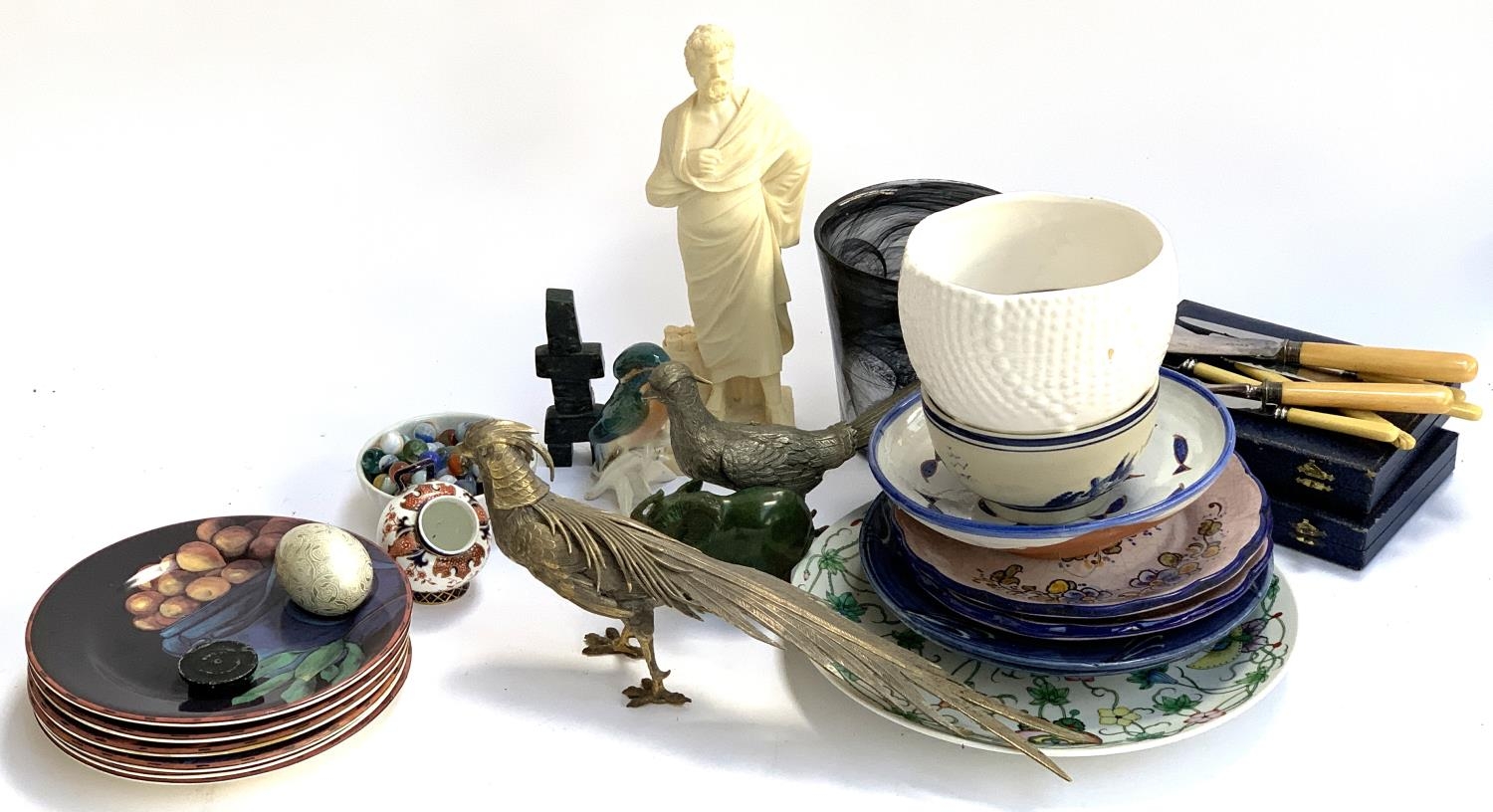 A mixed lot to include plated pheasant figurines; Kingfisher ceramic figure; marbles; Chinese