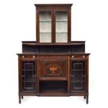 An early 20th century mahogany and marquetry breakfront side cabinet by Edwards and Roberts, the top