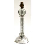 An early 20th century blown glass table lamp of wrythen column form a(af), 31cm to base of fitting