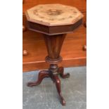 A 19th century octagonal sewing box on tripod base, 71cmH; together with a white painted circular