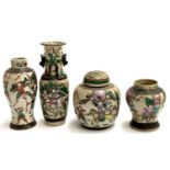 A lot of four Chinese famille verte crackle glaze items, comprising a ginger jar and three vases,