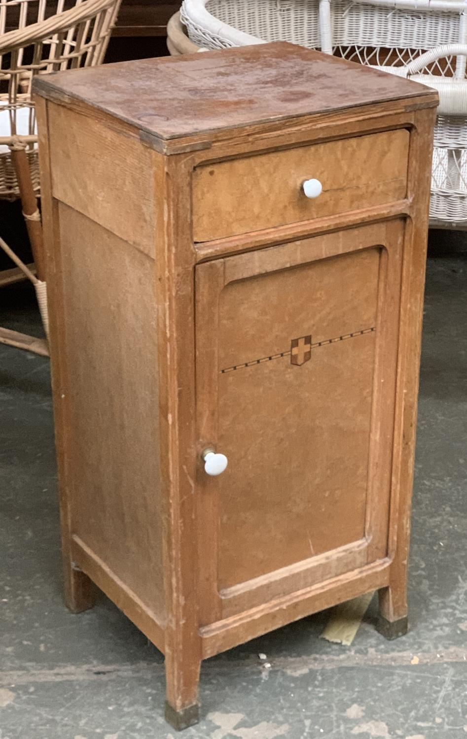 A French bedside cabinet, single drawer over a cupboard, opening to two ceramic liners, 38x33x79cmH