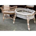 Two wicker cradles, each on stand, 90cmL and 102cmL