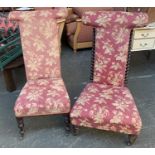 Two Victorian prie dieu chairs, one with barley twist supports, both on turned legs with brass