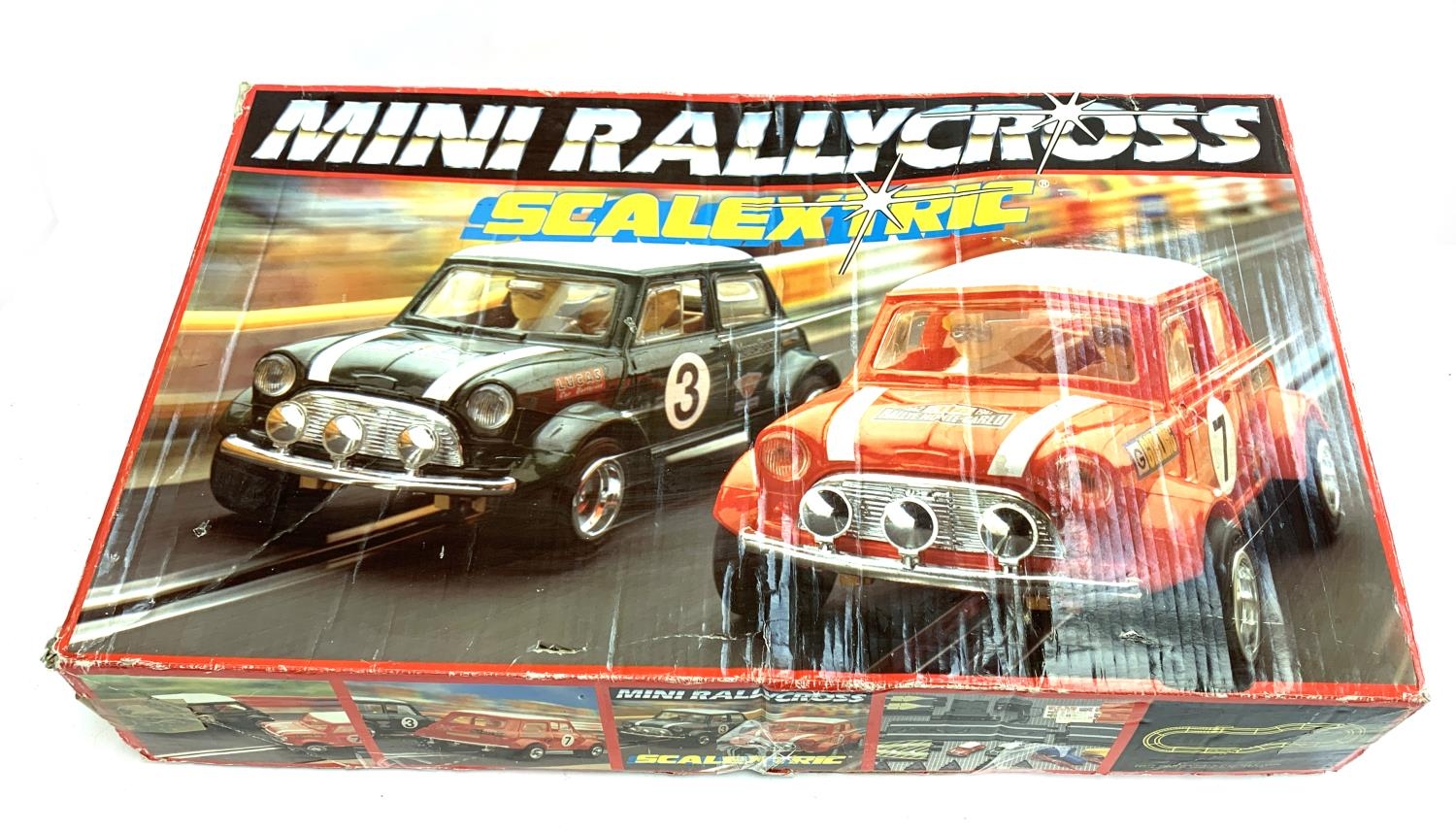 A Mini Rallycross scalextric set with minis, track, controllers etc