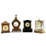 Four mantel clocks, to include a French slate clock; a Kundo clock in glass case; a french style