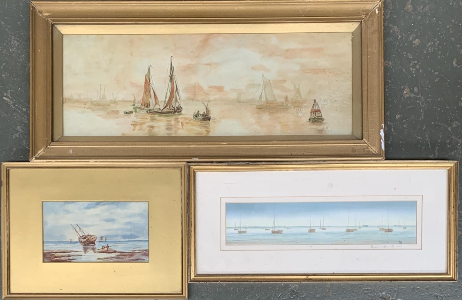 Early 20th century watercolour of fishing boats, initialed and dated 1914, 19x54.5cm; another of