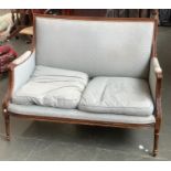 A square backed two seater sofa with carved frame, 125cmW