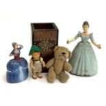 A mixed lot comprising Tunbridge Ware pencil holder; Vintage wind-up dancer; articulated teddy