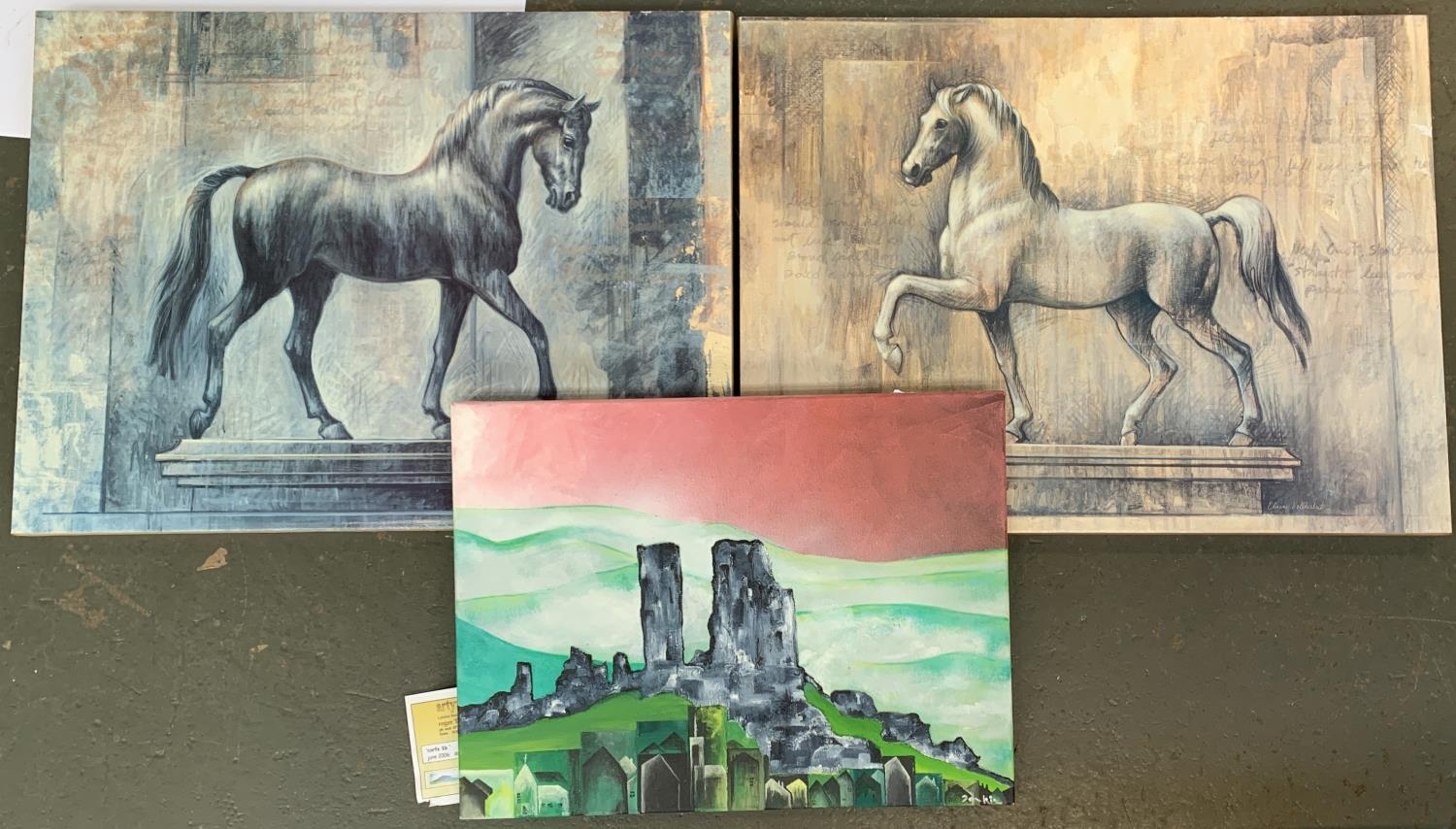 Two canvas prints of horses after Elaine Vollherbst, together with a painting, 'Corfe' by R Tonkin (