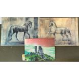 Two canvas prints of horses after Elaine Vollherbst, together with a painting, 'Corfe' by R Tonkin (