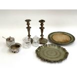 A mixed lot to include plated candlestick holders (af), jam pots, salver