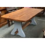 A very large bespoke made elm kitchen table, three plank top approx. 2 inches thick, on a