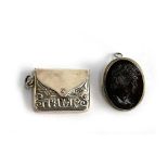 A silver and mother of pearl cameo brooch 3cmL; together with a 925 silver 'Stamps' envelope