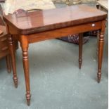 A 19th century mahogany card table, on turned legs, 86x42.5x74cmH
