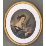19th century colour mezzotint, girl with two doves, 29.5x25cm