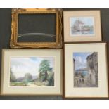 20th century, watercolour, figures in landscape, 22x33cm, together with 2 others and a gilt